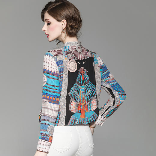 WLZD-1853604秋季新款欧美立领几何撞色真丝上衣舒适百搭上衣 商品图2