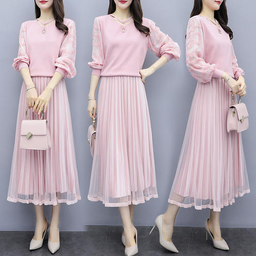 HT 17-9850 初秋新款女人味长袖连衣裙针织衫半身裙两件套 商品图1