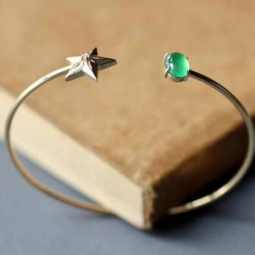 高冰种阳绿翡翠蛋面小星星手镯18k黄金钻石镶嵌 商品图4