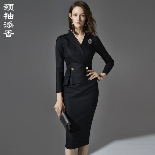 孤品-J8383083B颈袖添香2019秋冬新款时尚气质职业OL修身显瘦包臀羊毛女士连衣裙J8383083B 商品图0