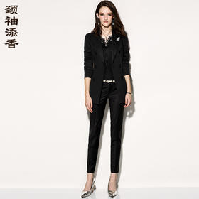 孤品J74A1871A颈袖添香2024春秋黑色OL气质职业装女士小西装裤套装时尚正装J74A1871A