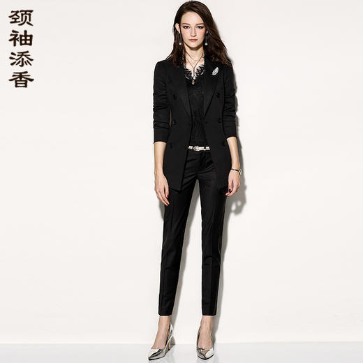 孤品J74A1871A颈袖添香2024春秋黑色OL气质职业装女士小西装裤套装时尚正装J74A1871A 商品图0