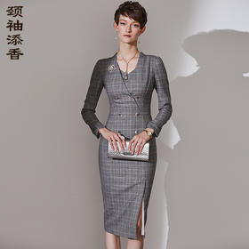 闪闪威尔士亲王格 J9383820颈袖添香2019夏新款OL显瘦修身包臀气质格子连衣裙女中长款J9383820