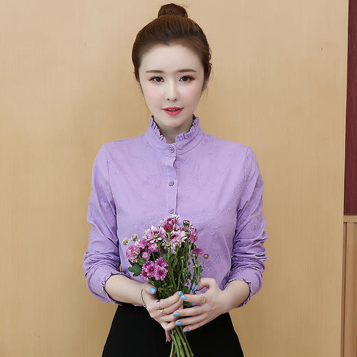 cc5858新款韩版女士立领绣花长袖纯棉衬衫