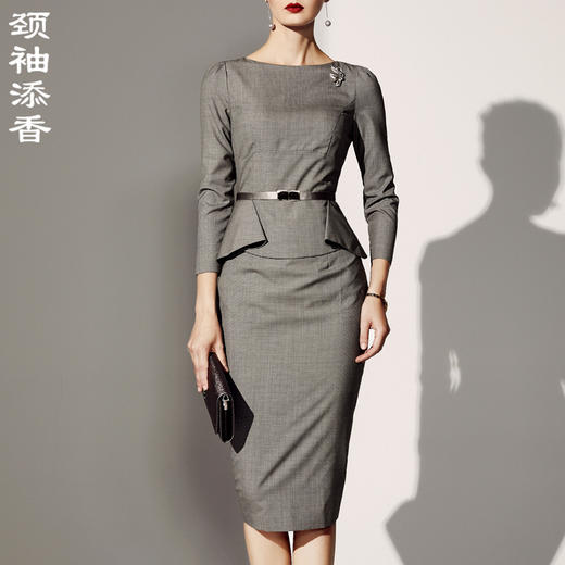 J8382748A颈袖添香2019春秋新款时尚气质修身荷叶边一字领显瘦百搭连衣裙J8382748A 商品图0