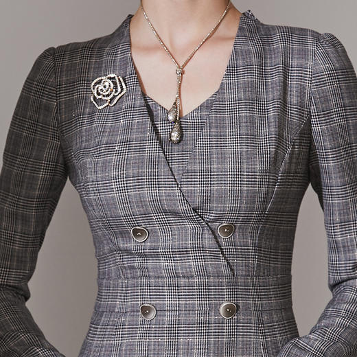 闪闪威尔士亲王格 J9383820颈袖添香2019夏新款OL显瘦修身包臀气质格子连衣裙女中长款J9383820 商品图2