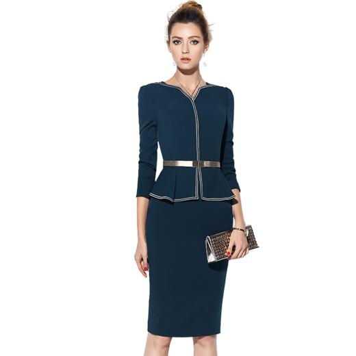 孤品-J7381537B颈袖添香春秋时尚气质中长款ol职业装显瘦包臀女士连衣裙 商品图4