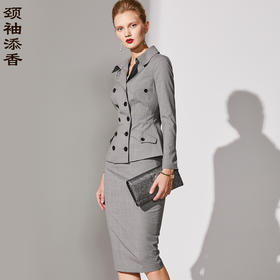 千鸟格丝毛 灯罩款J9103011颈袖添香春装新款时尚OL职业装套裙修身羊毛职场气质女装女J9103011