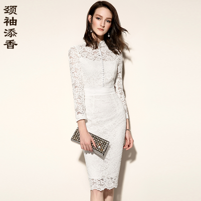 白玫瑰蕾丝-J7180053C颈袖添香时尚职场修身通勤女士包臀蕾丝连衣裙女中长款J7180053C
