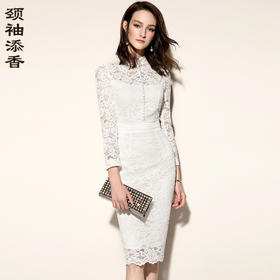 白玫瑰蕾丝-J7180053C颈袖添香时尚职场修身通勤女士包臀蕾丝连衣裙女中长款J7180053C