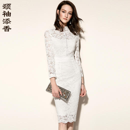 白玫瑰蕾丝-J7180053C颈袖添香时尚职场修身通勤女士包臀蕾丝连衣裙女中长款J7180053C 商品图0