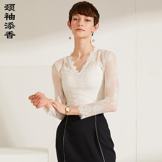 J6210476B颈袖添香2019春夏新款气质女神范网纱上衣女两件套长袖蕾丝打底衫J6210476C 商品图1