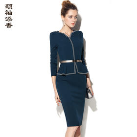 孤品-J7381537B颈袖添香春秋时尚气质中长款ol职业装显瘦包臀女士连衣裙
