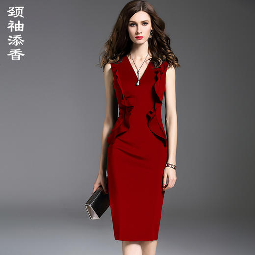 孤品—Cindy裙 J6280081B颈袖添香新款气质修身包臀礼服无袖红色荷叶边连衣裙女J6280081B不退可换 商品图1