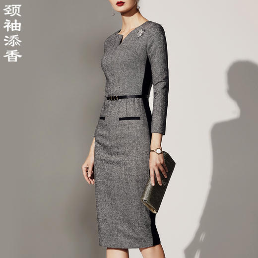 J8382961颈袖添香春秋季新款时尚小V领修身OL包臀职业装九分袖连衣裙J8382961 商品图0