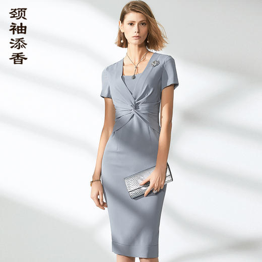 J9283601A颈袖添香OL连衣裙季新款职场装女中长款V领套头通勤包臀裙J9283601A 商品图0