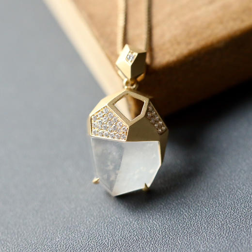 几何金高冰种雪花棉翡翠吊坠18k黄金钻石镶嵌 商品图0