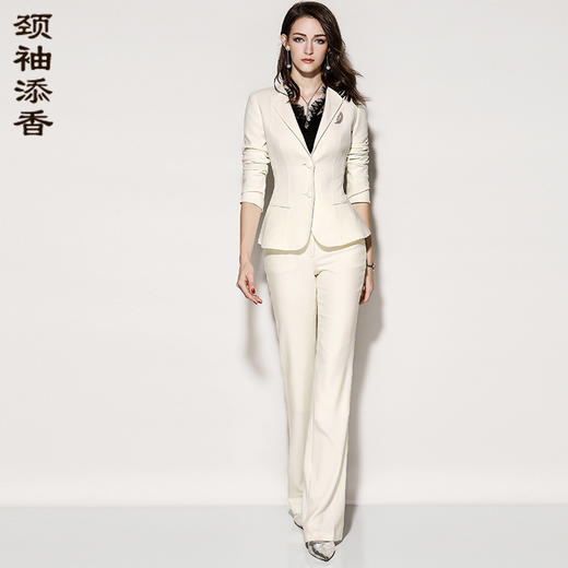 孤品-J81A2238A颈袖添香2024春秋气质女神范职业装套装女白色小西装正装西服J81A2238A不退可换 商品图0