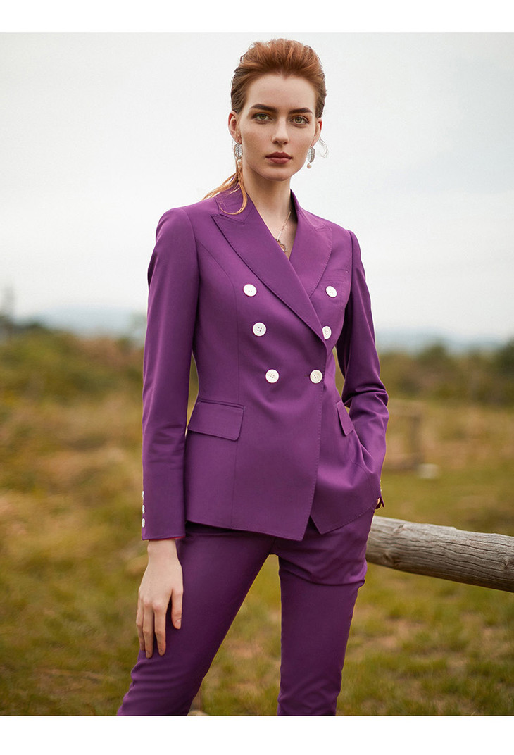 iwy紫色西装套装双排扣收腰干练气质职业女装cp9340