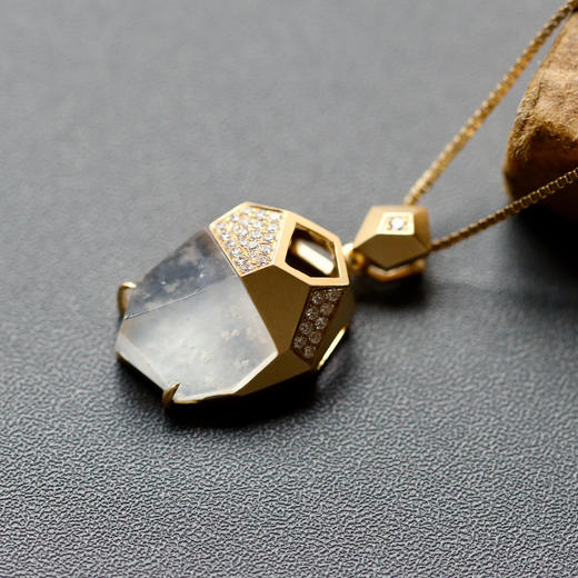 几何金高冰种雪花棉翡翠吊坠18k黄金钻石镶嵌 商品图1