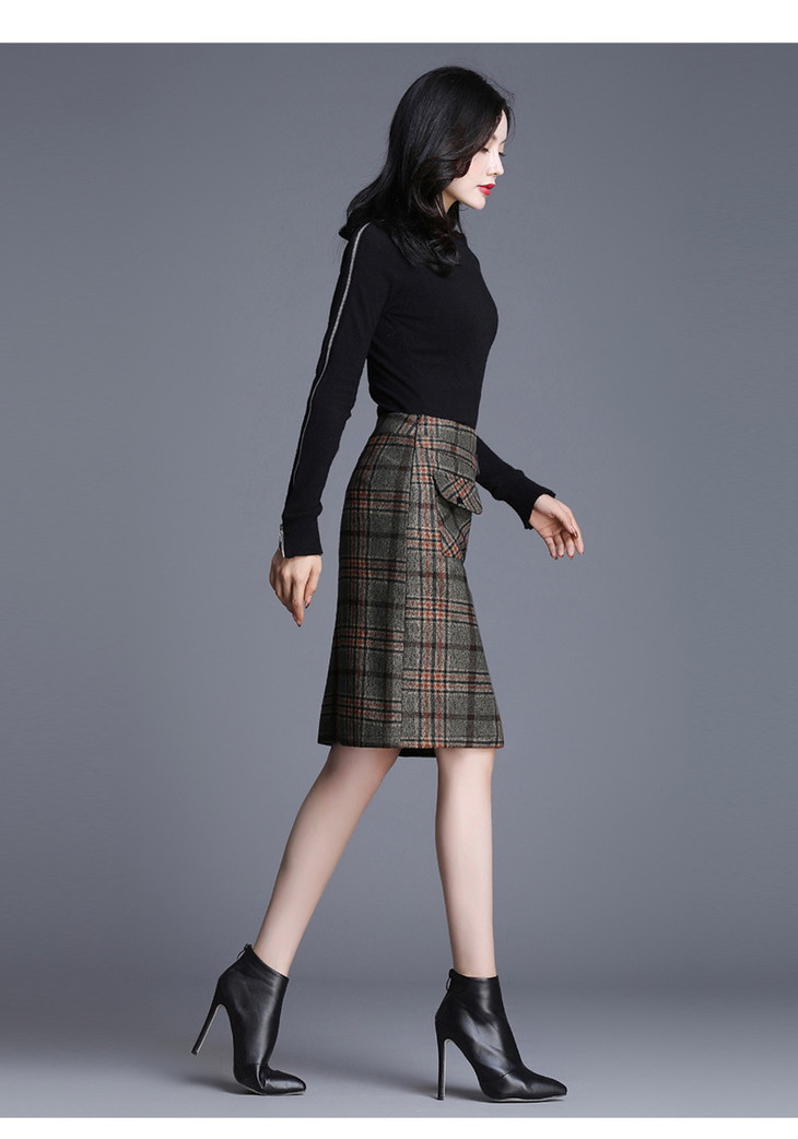 英伦风复古格纹短裙秋冬毛呢前开叉潮流格子半身裙一步裙al99226
