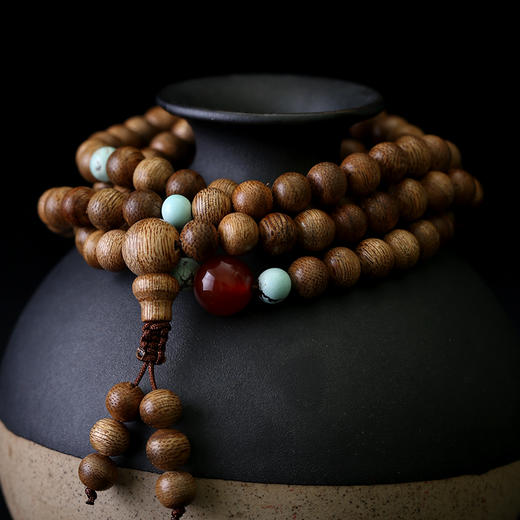 天然7mm108颗芽庄沉香配绿松石长串手链佛珠碧海晨曦