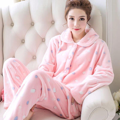秋冬季加厚款珊瑚绒睡衣女套装家居服加绒可爱法兰绒长袖开衫大码xmy