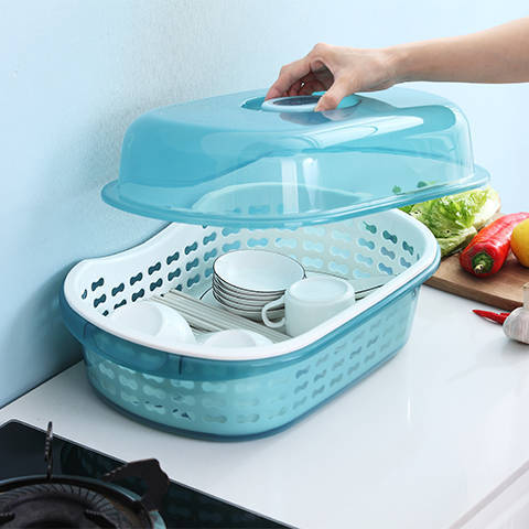 厨房大号塑料碗柜带盖沥水架装碗筷收纳盒， 商品图1