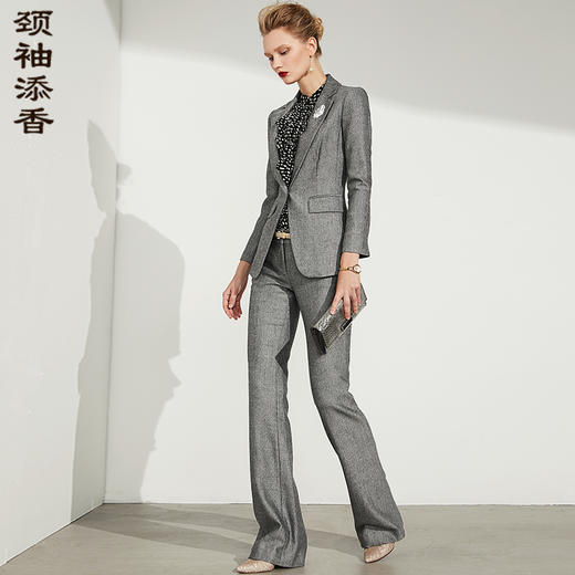 人字纹 孤品-J83A3092颈袖添香小西装套装2019春秋新款时尚职业装正装羊毛西服女两件套J83A3092不退可换 商品图0