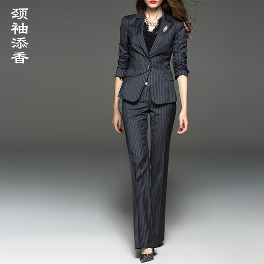 孤品-单外套颈袖添香秋冬条纹气质职业装女装西服女裤正装时尚西装套装女J6401137（不退不换） 商品图0