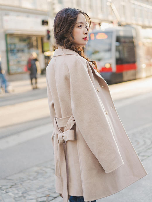 茵曼2019冬装新款翻领浅驼色系带羊毛双面呢大衣女中长款呢子外套