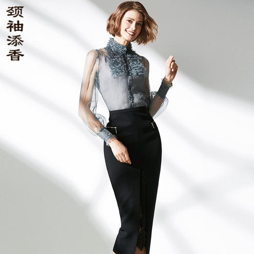 “巴洛克宫廷”颈袖添香新款时尚修身桑蚕丝雪纺衫上衣衬衣女式真丝衬衫J9233588（四季可穿） 商品图9