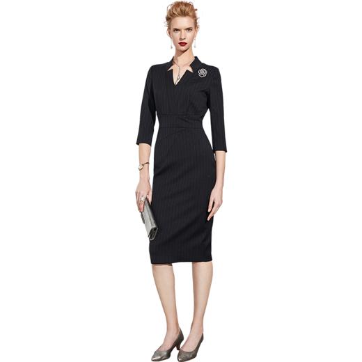 孤品 颈袖添香2024秋季新款连衣裙女V领OL修身条纹高级感商务包臀裙秋不退可换 商品图4