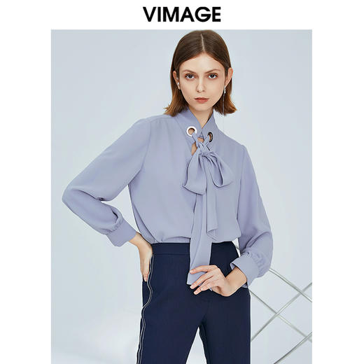 VIMAGE纬漫纪女装秋季蝴蝶节系带通勤职场长袖雪纺衫上衣V1213805 商品图3