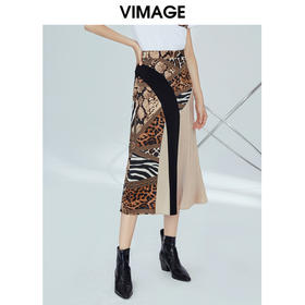 VIMAGE纬漫纪女装秋季英伦时髦动物纹拼接百褶半身裙a字V1206811