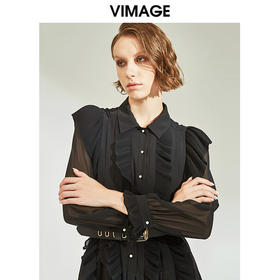 VIMAGE纬漫纪女装秋季复古珍珠扣荷叶边褶皱气质连衣裙V1207805