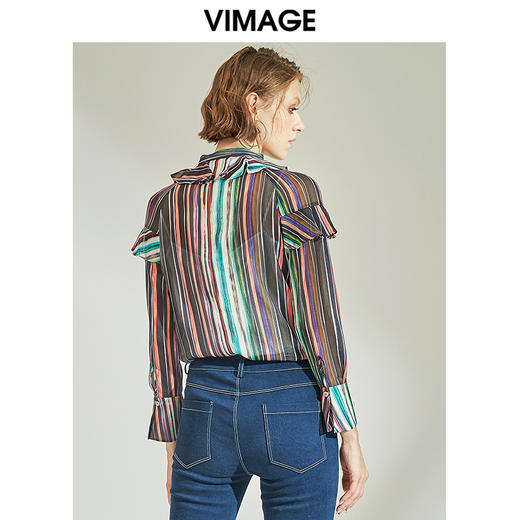 VIMAGE纬漫纪秋季清新可爱风喇叭袖直筒撞色条纹衬衫V1109713 商品图2