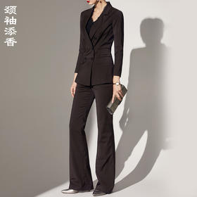 咖色条纹-颈袖添香-套裤-J83A3090颈袖添香春秋新款女装时尚条纹修身羊毛女士西装职业装套裤J83A3090