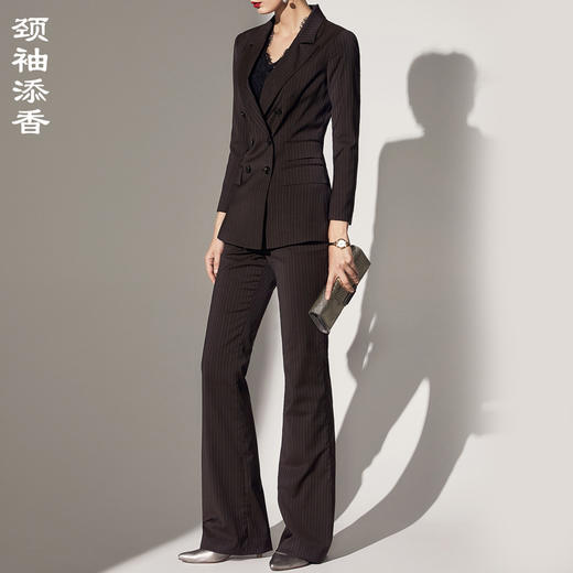 咖色条纹-颈袖添香-套裤-J83A3090颈袖添香春秋新款女装时尚条纹修身羊毛女士西装职业装套裤J83A3090 商品图0
