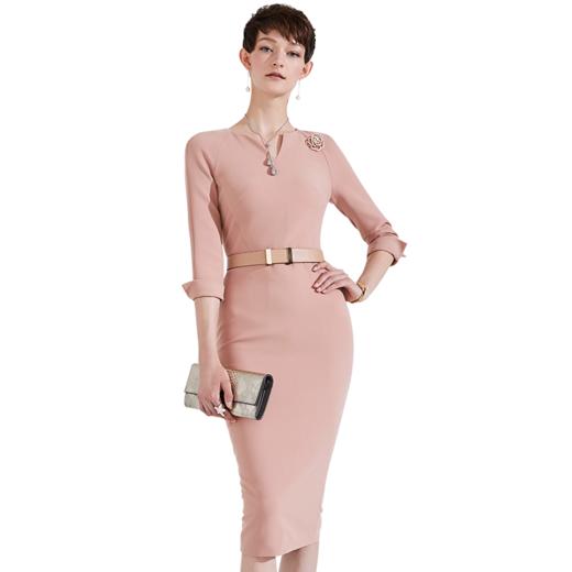 孤品-颈袖添香女装秋新款修身气质显瘦型V领长款包臀职业装连衣裙J9383697（不退不换） 商品图4