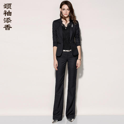 J81A2235A颈袖添香2024新款春秋季条纹职业装套装女装时尚气质西装套裤正装J81A2235A不退可换 商品图0