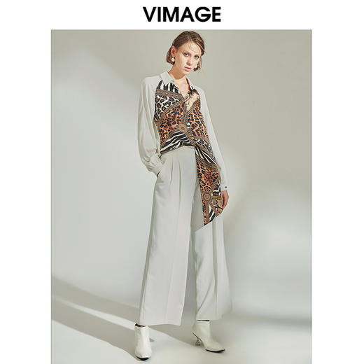 VIMAGE纬漫纪女装秋季新品时尚帅气豹纹印花不规则拼接衬衫V1209814 商品图0