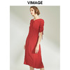 VIMAGE纬漫纪女装夏季抽褶气质优雅V领复古红色连衣裙长V1107751 商品缩略图1