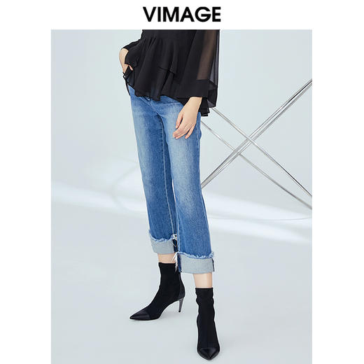 VIMAGE纬漫纪女装秋季新款显瘦直筒卷边日常休闲浅蓝色牛仔裤V1205801 商品图3