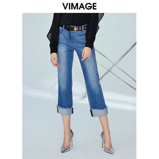 VIMAGE纬漫纪女装秋季新款显瘦直筒卷边日常休闲浅蓝色牛仔裤V1205801 商品图2