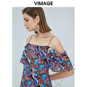 VIMAGE纬漫纪女装夏季度假风不规则裙摆雪纺吊带印花裙薄V1107765