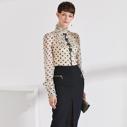 J9233686颈袖添香新款时尚桑蚕丝波点衬衣女式雪纺衫真丝衬衫女J9233686（四季可穿） 商品图1