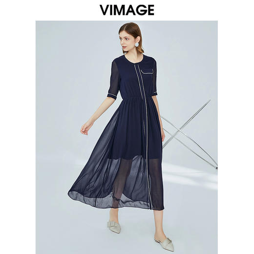 VIMAGE纬漫纪女装夏季深色雪纺高腰显瘦气质连衣裙长款薄V1107762 商品图0