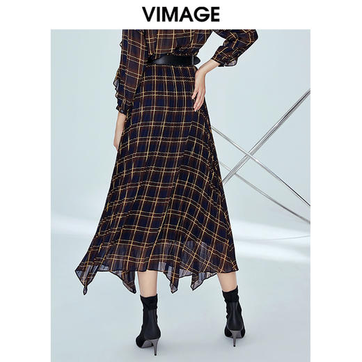 VIMAGE纬漫纪女装秋季英伦风高腰不规则中长款a字格纹半身裙V1206806 商品图2