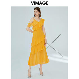 VIMAGE纬漫纪女装夏季新品蛋糕荷叶边斜肩雪纺连衣裙长款薄V1177708